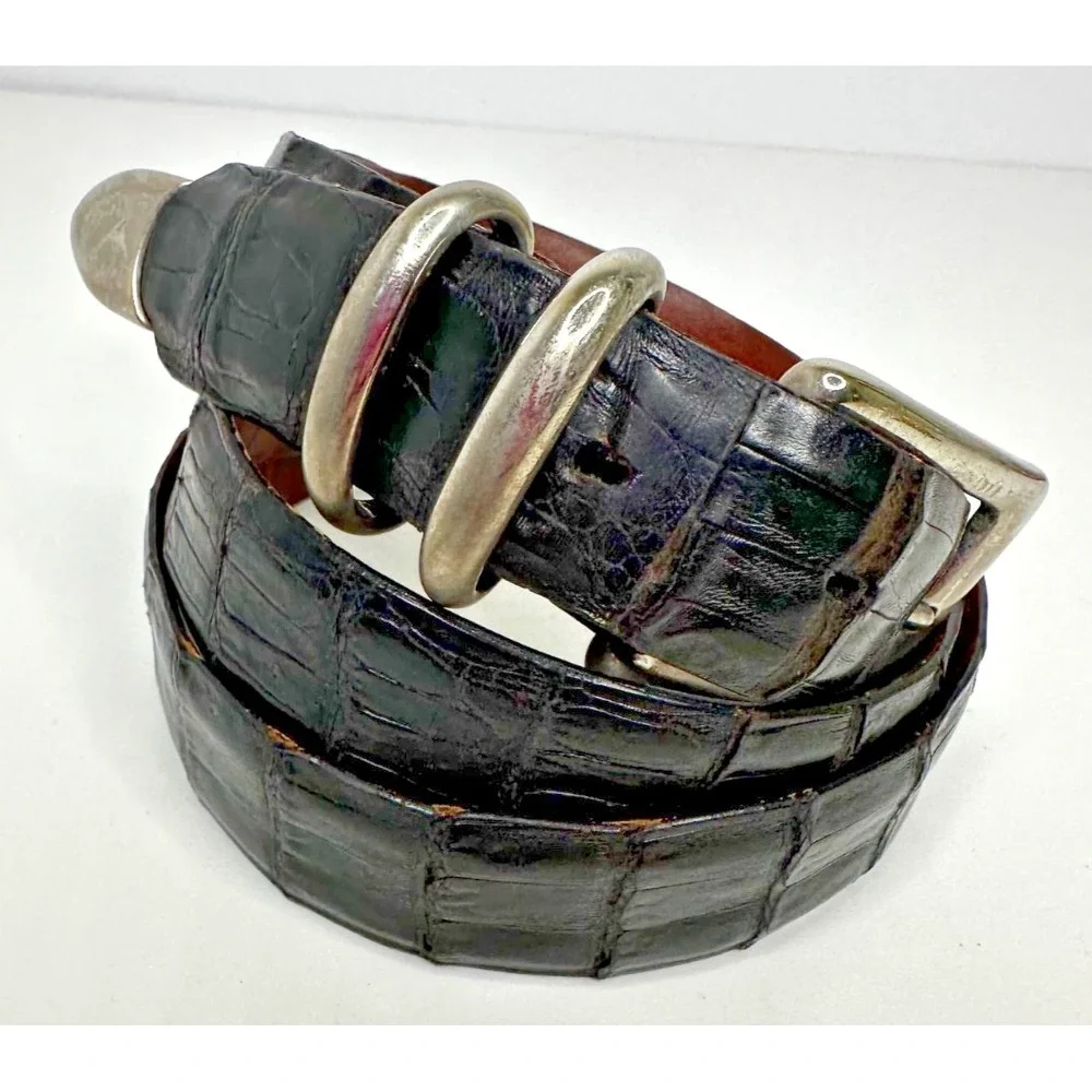 Bespoke Genuine Crocodile Black Leather belt Sz 38 Silver Tone Brass Buckle USA